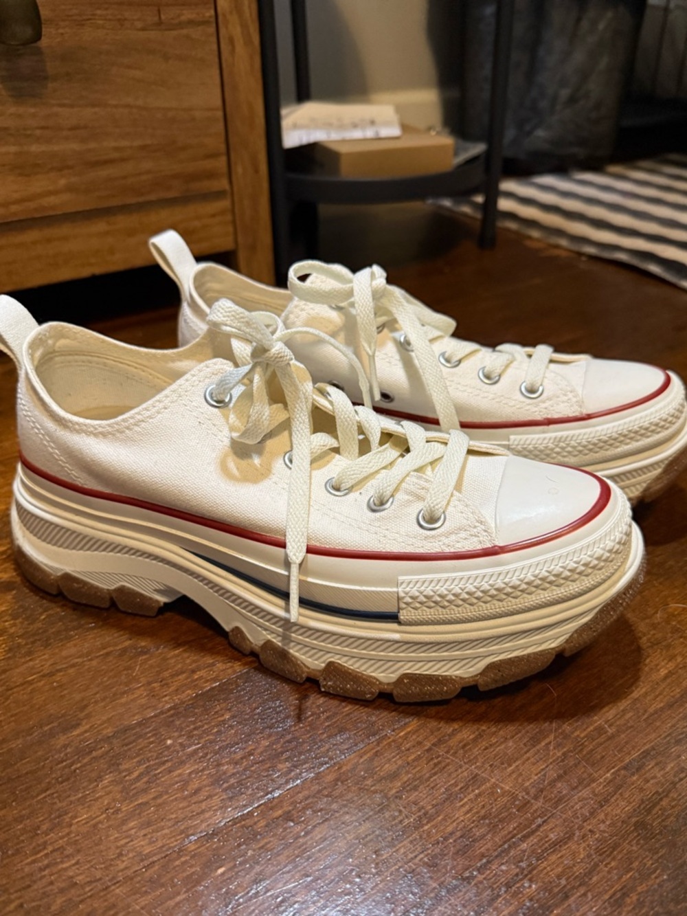 Converse Chunky Low-Top Canvas Sneakers in Off-White with Red and Navy Trim